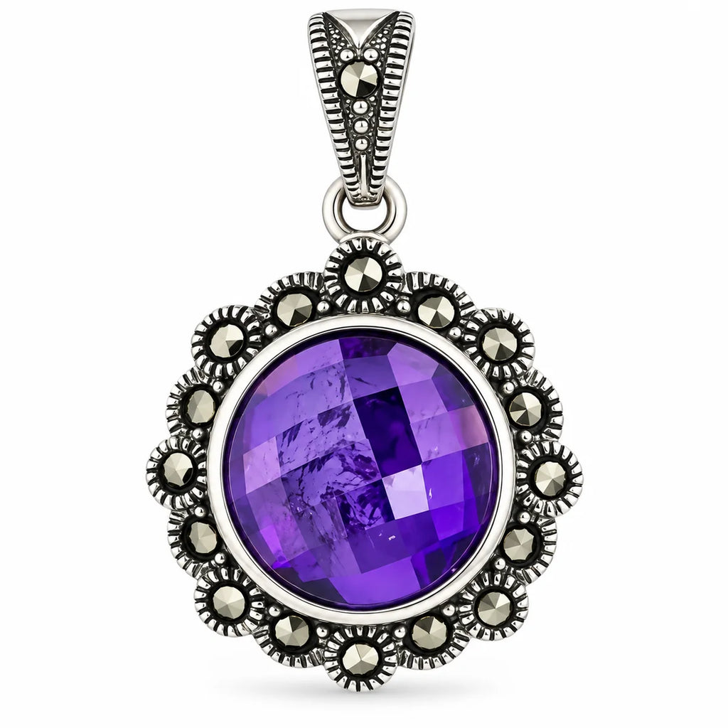 Silber 925 Anhänger mit violettem Stein rund Vintage Kettenanhänger