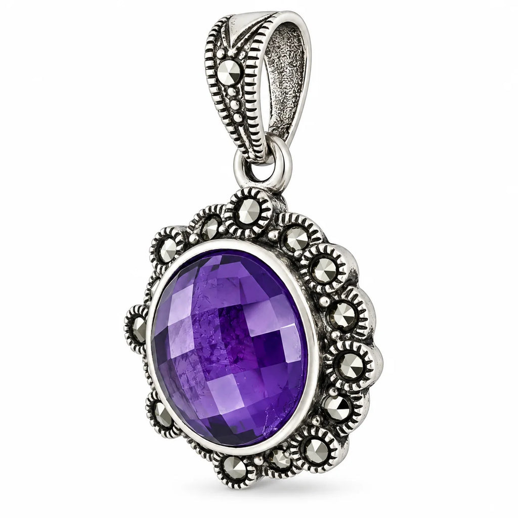 Silber 925 Anhänger mit violettem Stein rund Vintage Kettenanhänger