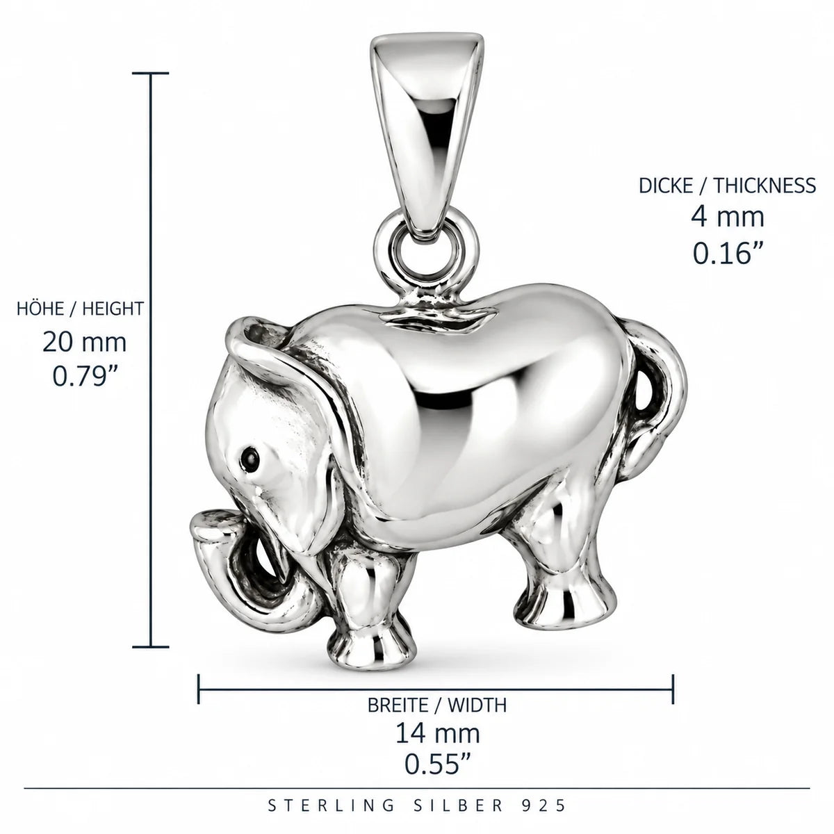 Silber 925 Elefant Anhänger mit Rüssel 3D Tiermotiv