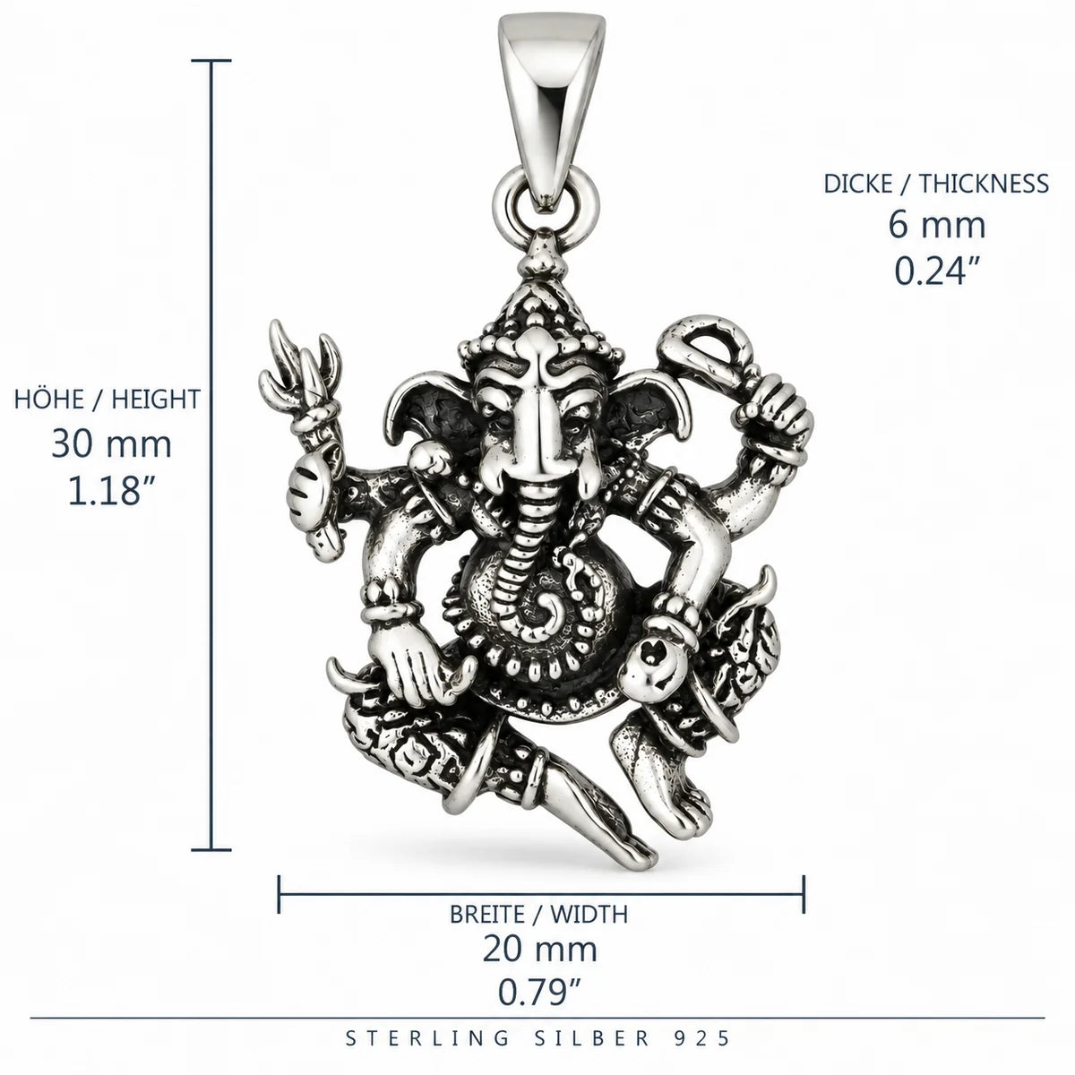 Silber 925 Ganesha Anhänger Hindu Gott Elefant mit vier Armen