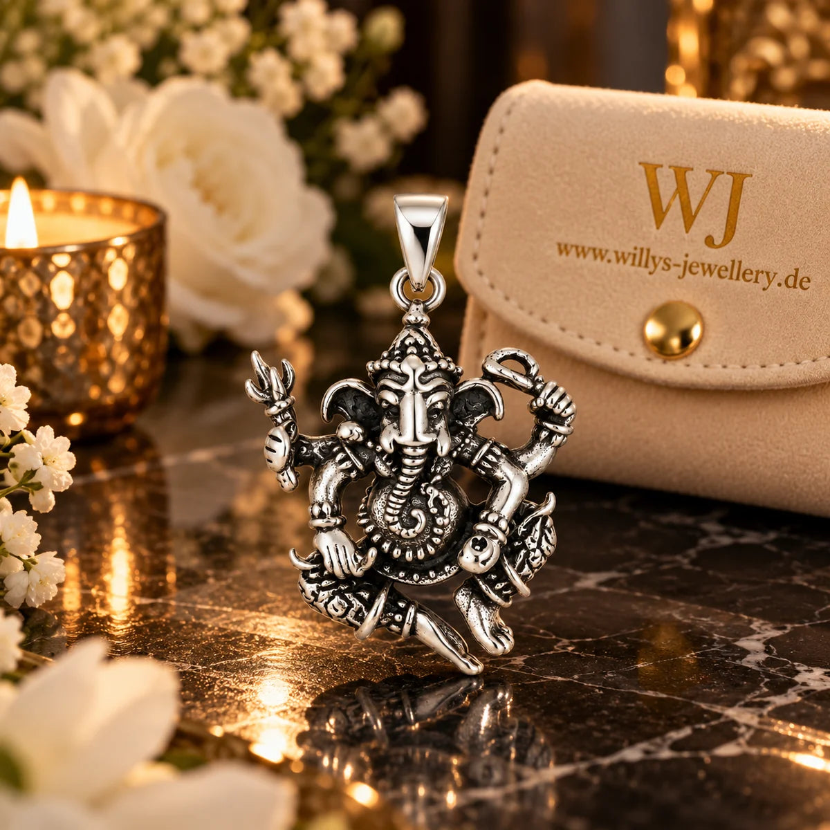 Silber 925 Ganesha Anhänger Hindu Gott Elefant mit vier Armen