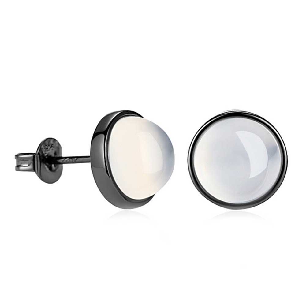 Elegante Ohrstecker aus 925 Sterling Silber mit rundem Mondstein – Schwarz-Rhodiniert & stilvoll | WILLYS JEWELLERY
