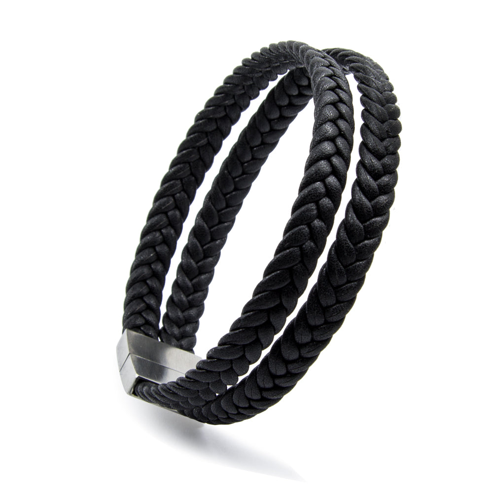 Schwarzes Lederarmband mit zwei geflochtenen Strängen