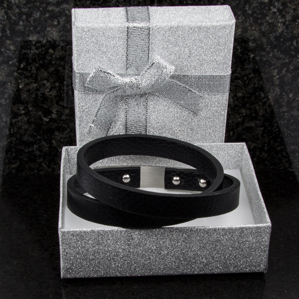 Elegantes Herren Lederarmband schwarz aus Echtleder, Wickelarmband mit Edelstahlverschluss