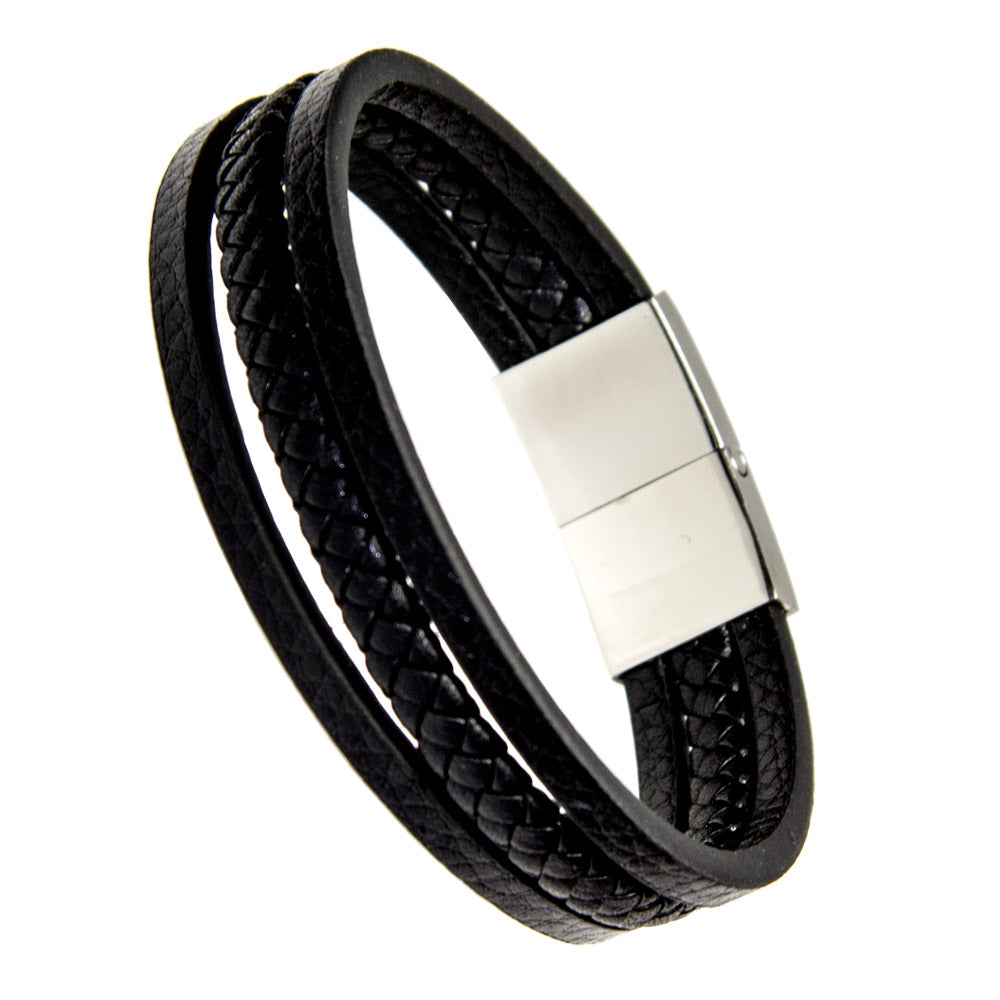 Echtes Lederarmband mit schwarzem geflochtenem Strang und poliertem Edelstahlverschluss