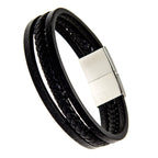 Echtes Lederarmband mit schwarzem geflochtenem Strang und poliertem Edelstahlverschluss