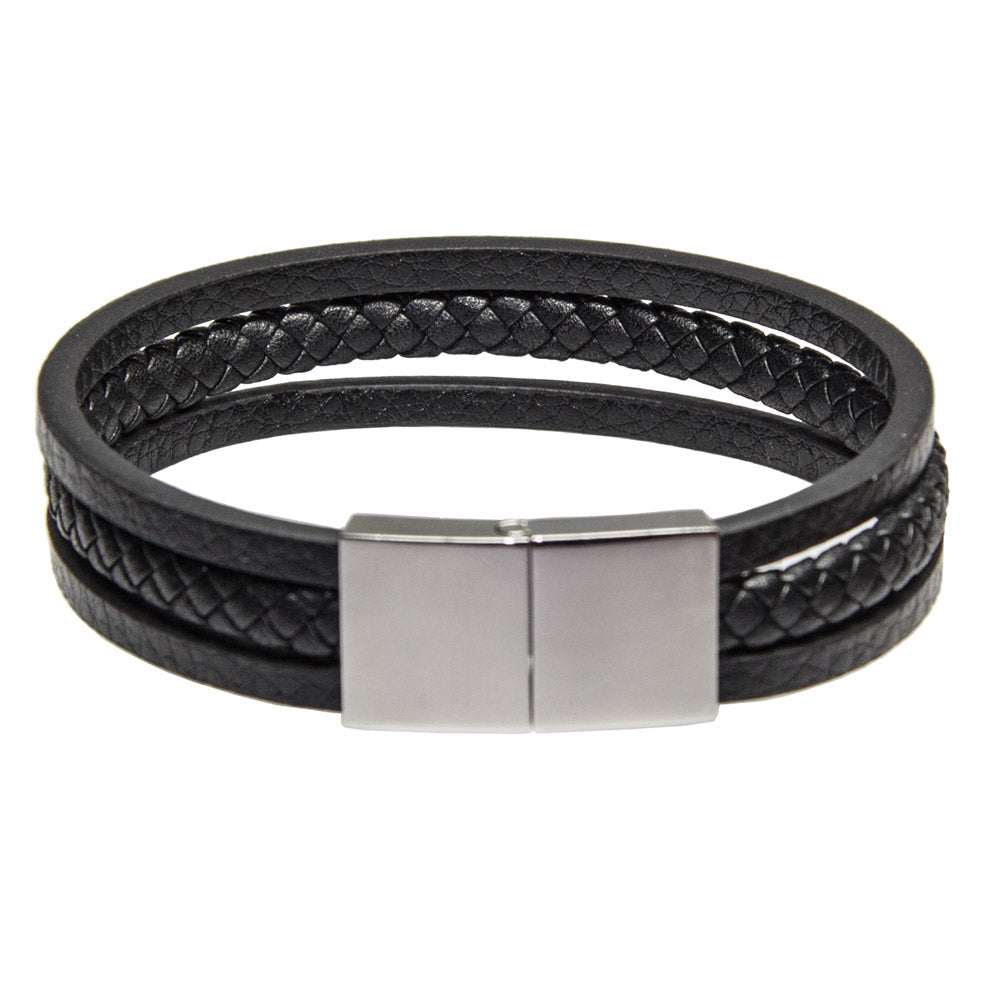Echtes Lederarmband mit schwarzem geflochtenem Strang und poliertem Edelstahlverschluss