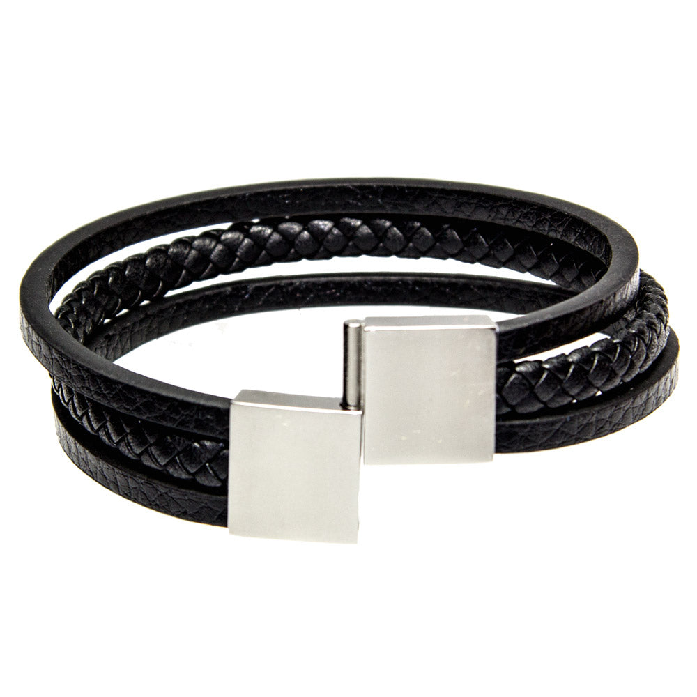 Echtes Lederarmband mit schwarzem geflochtenem Strang und poliertem Edelstahlverschluss