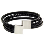 Echtes Lederarmband mit schwarzem geflochtenem Strang und poliertem Edelstahlverschluss