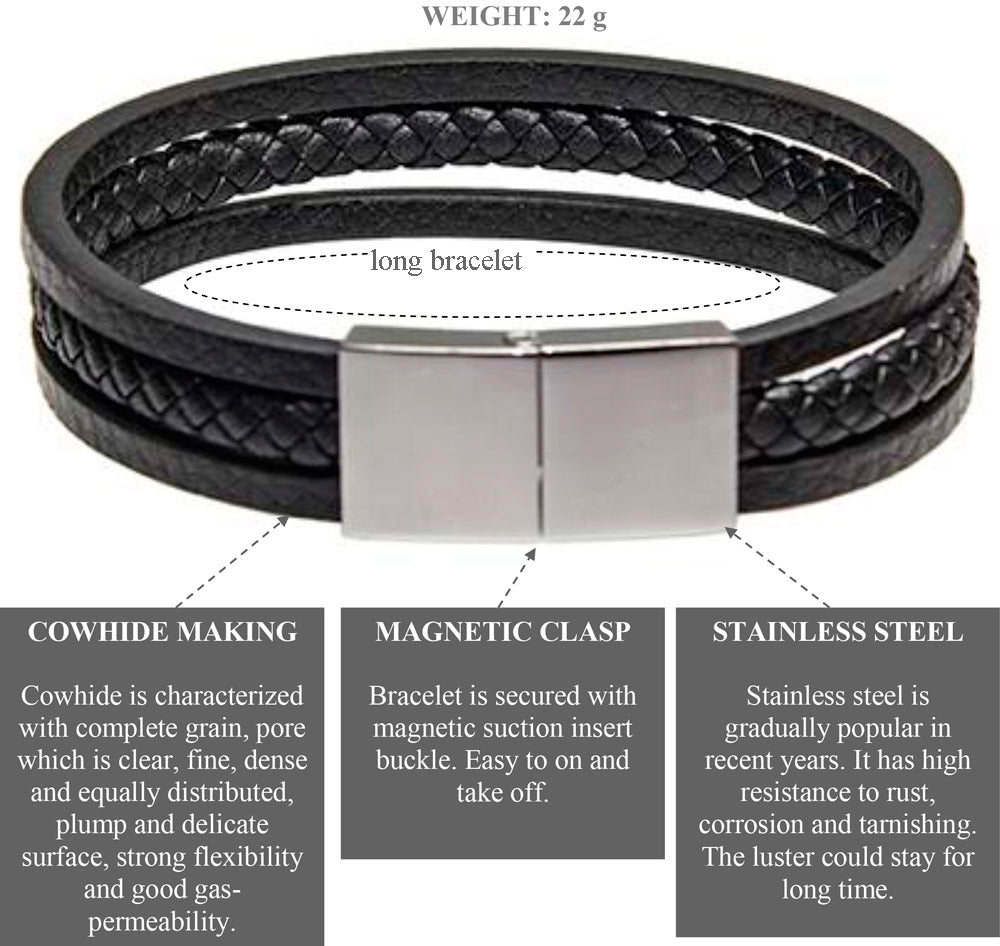Echtes Lederarmband mit schwarzem geflochtenem Strang und poliertem Edelstahlverschluss