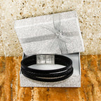 Echtes Lederarmband mit schwarzem geflochtenem Strang und poliertem Edelstahlverschluss