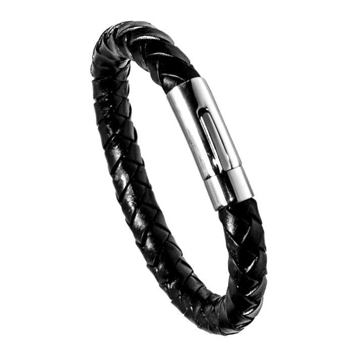 Schwarz-blaues Lederarmband mit fein poliertem Edelstahl