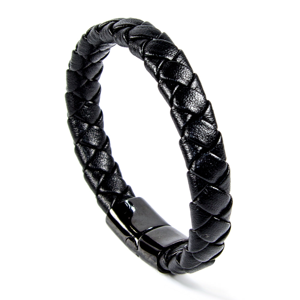 Schwarzes Lederarmband mit Schließe aus poliertem Edelstahl