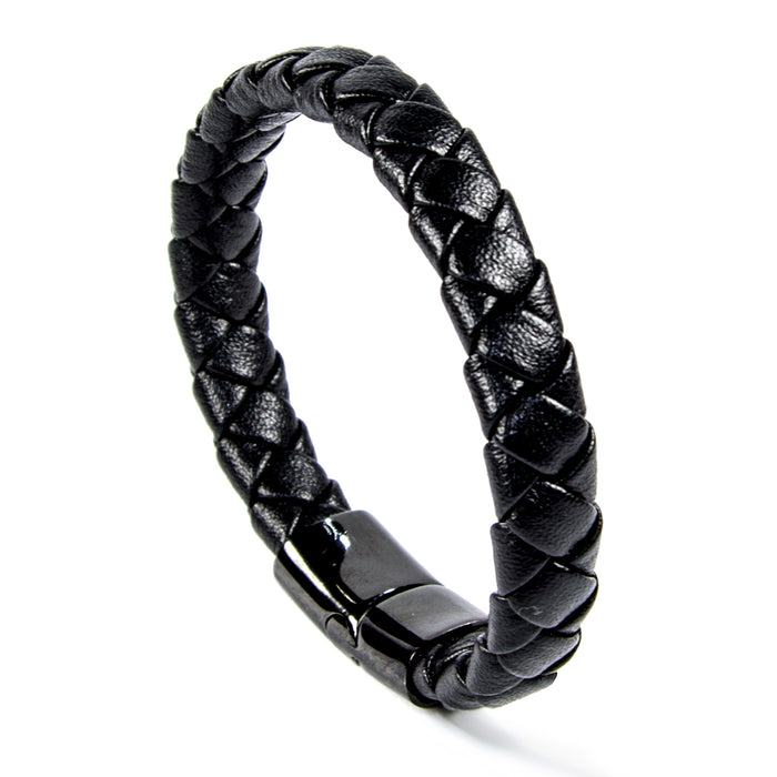 Schwarzes Lederarmband mit Schließe aus poliertem Edelstahl