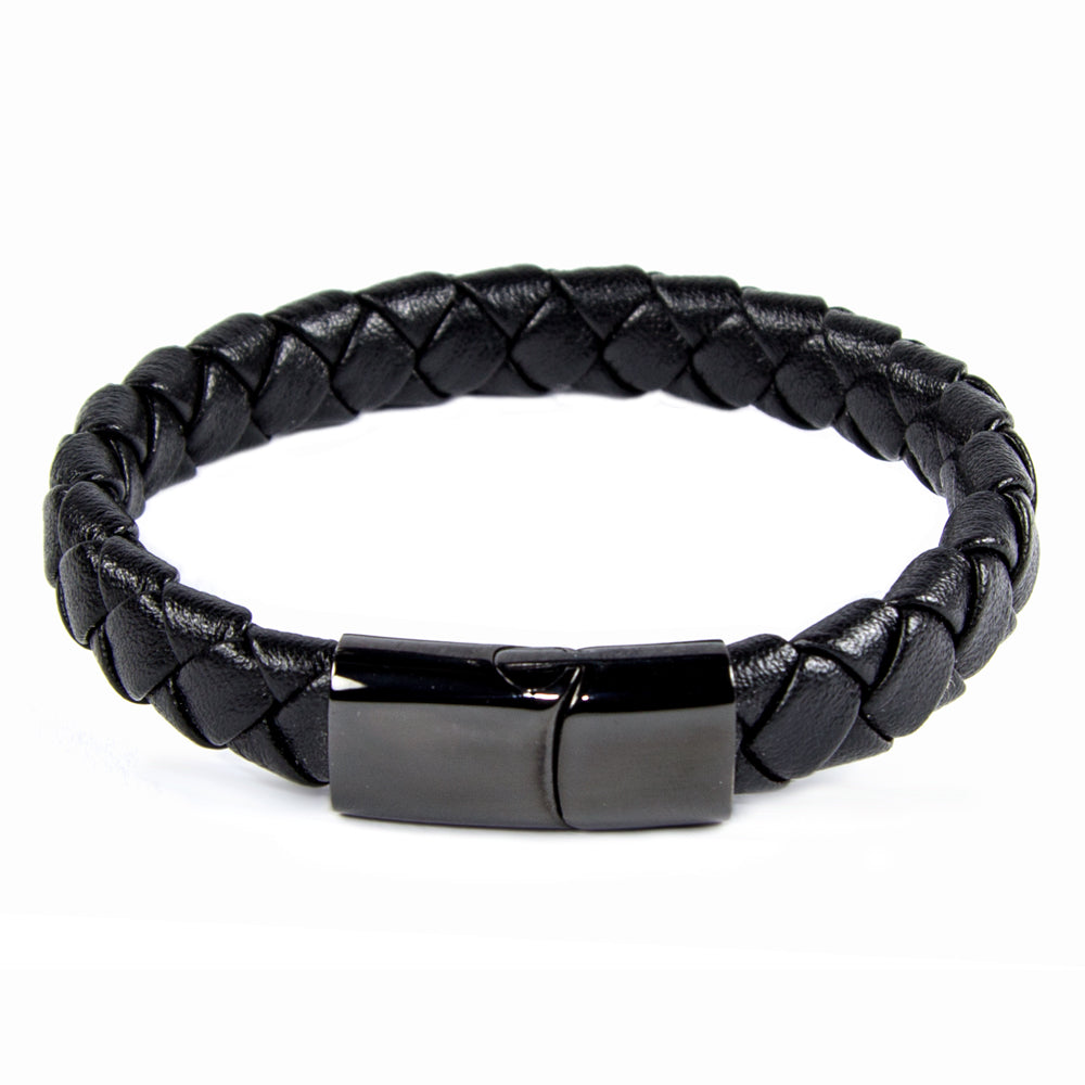 Schwarzes Lederarmband mit Schließe aus poliertem Edelstahl