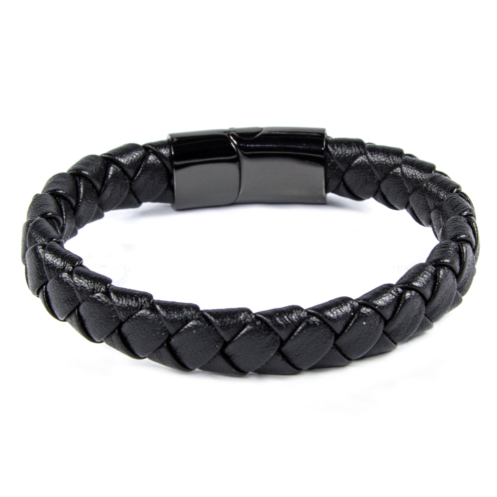Schwarzes Lederarmband mit Schließe aus poliertem Edelstahl