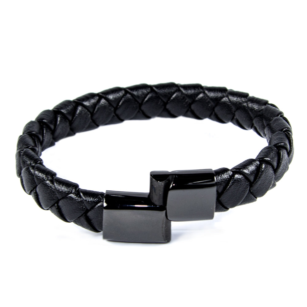 Schwarzes Lederarmband mit Schließe aus poliertem Edelstahl
